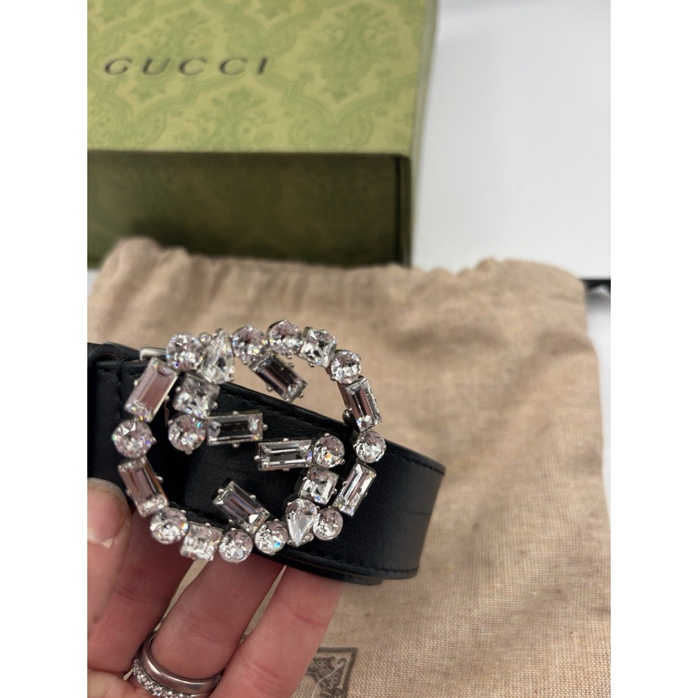 Gucci‎ Authentic Crystal Interlocking G Black Leather Logo Belt 85.34 Made Italy - Picture 3 of 10